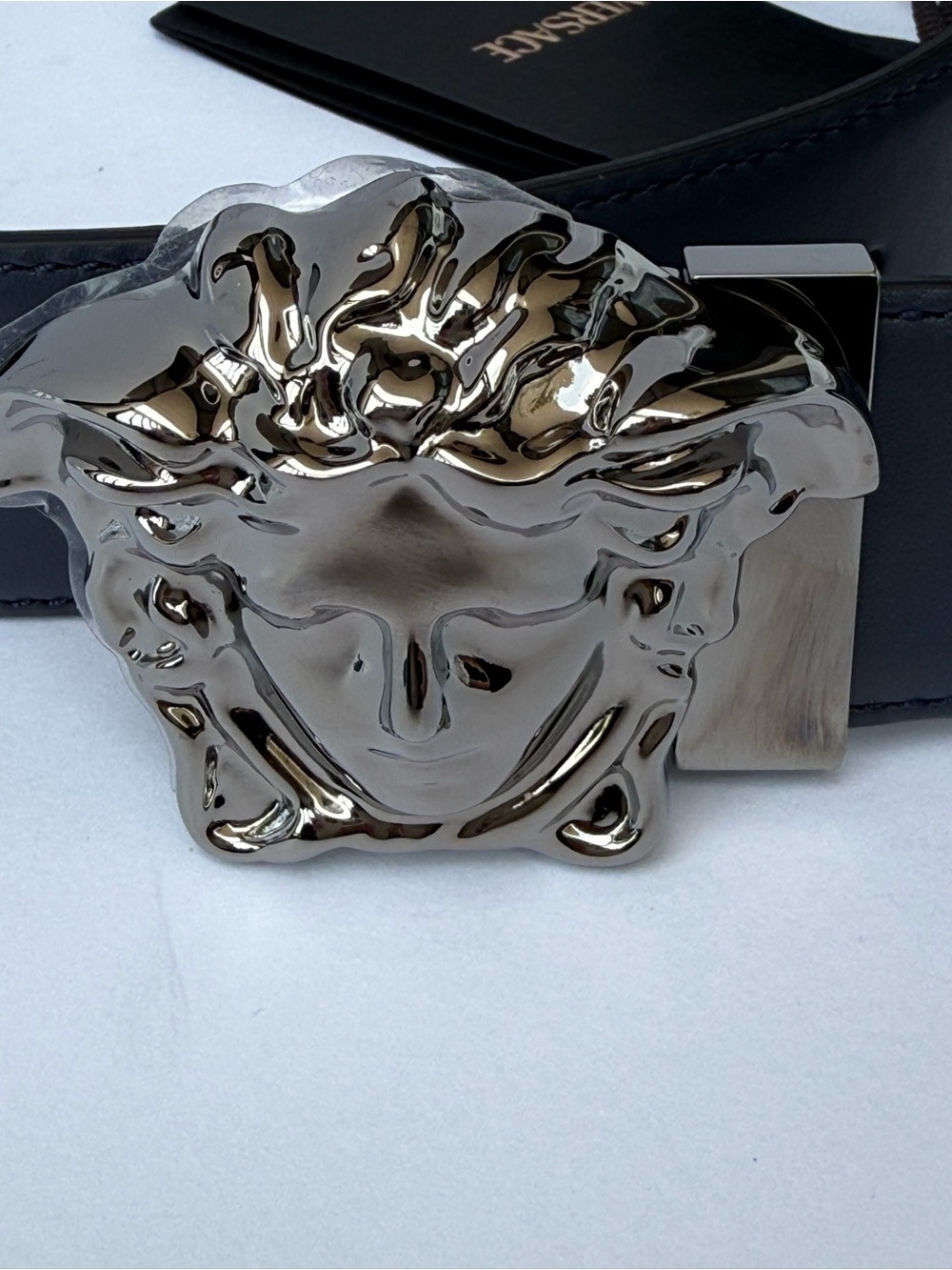 NWT Versace Black/Blue Leather Belt with Silver Medusa Head Buckle- 95/38 - Picture 3 of 10